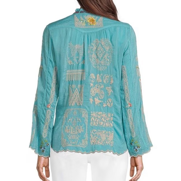JOHNNY WAS Allbee Embroidered Floral Geometric Print Ruffle Scallop Hem Blouse - Picture 2 of 11